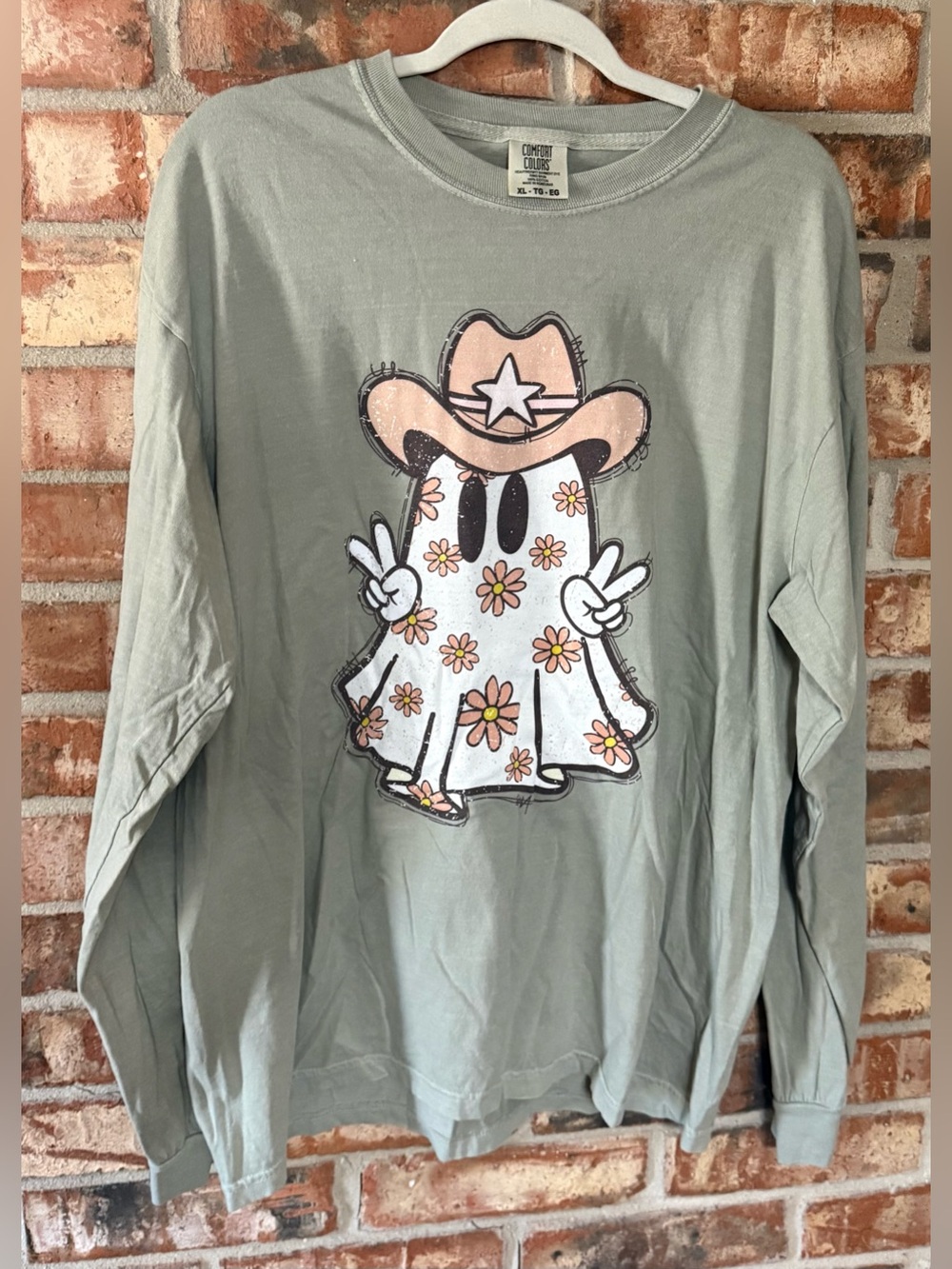 Comfort Colors Bay Green Long Sleeve Tee with Floral Ghost Cowboy Graphic